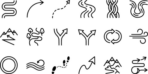Obraz premium 24 Path, Route and Direction Outline Icons Set with Curved Arrows, Roads, Trails, Wind and Flow Symbols
