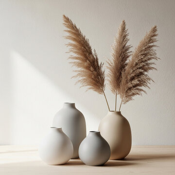 two ceramic vases with fluffy dried pampas grass on a white surface with sharp shadows
