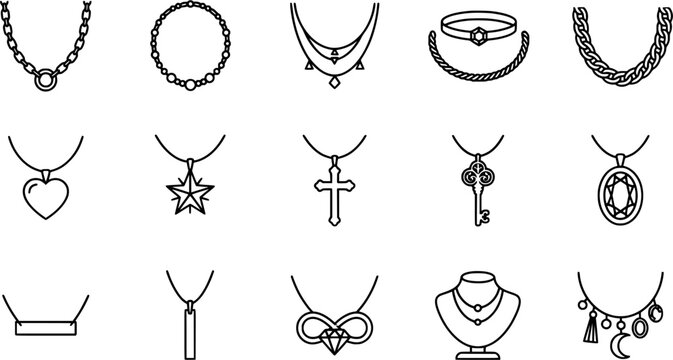 18 Necklace and Pendant Outline Icons Set with Chains, Hearts, Crosses, Keys, Gemstones and Luxury Jewelry Designs