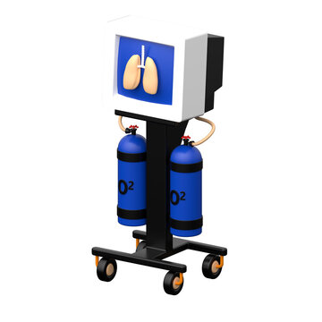 3D respiratory equipment with oxygen tanks and lung monitor, ventilator healthcare medical hospital ICU icon, transparent PNG