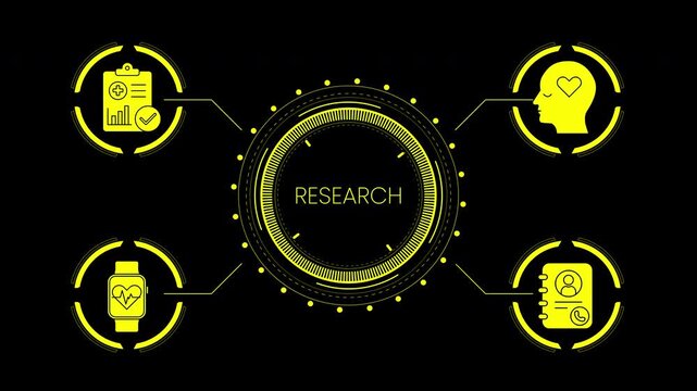 Sci Fi HUD progress research diagram chart icons for health tracking, featuring human head graphics on notebook and clipboard. Ideal for medical presentations.