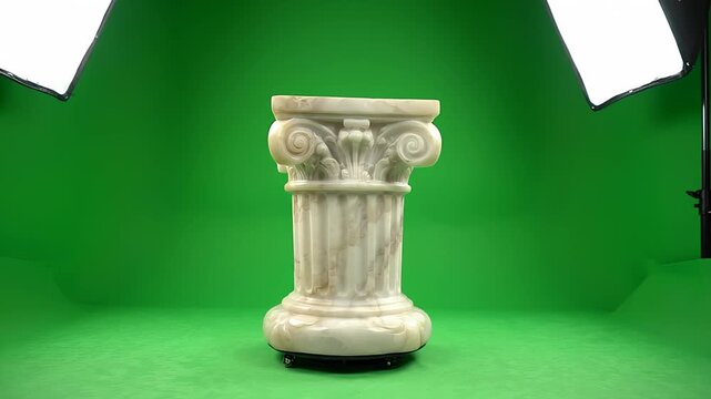 Elegant rotating alabaster pedestal on a green screen studio background, perfect for high quality product display and professional commercial presentation.