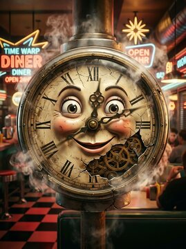 Whimsical steampunk clock character in a retro vintage diner