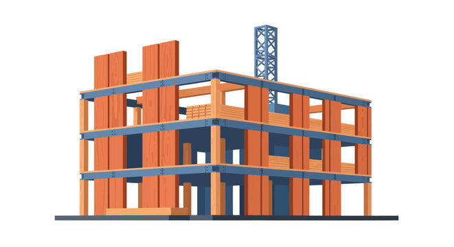 Sustainable Mass Timber Building Construction Illustration, Hybrid Wood and Steel Multi-Story Architecture with CLT Panels Isolated on White Background