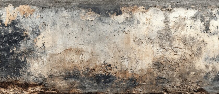 A weathered concrete wall texture with peeling paint and rust stains against a gritty background.
