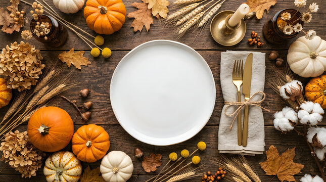 Autumn harvest table setting with pumpkins, napkin, cutlery and rustic decor