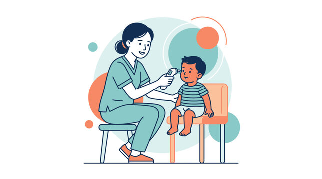Friendly nurse checking toddler's temperature with digital thermometer, vector illustration with simple flat design and pastel colors.