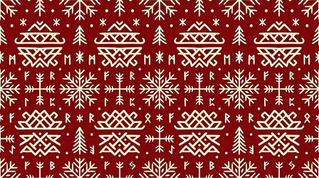 Red winter pattern with white folk ornaments and runes