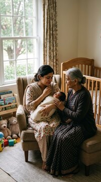 A grandmother sits beside a young mother holding her newborn baby in a nursery. The emotional scene shows family support, postpartum depression, maternal vulnerability and the healing role of practica