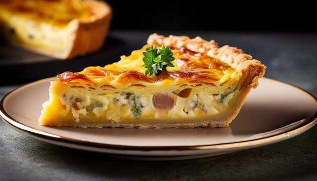 close up of a savory slice of quiche lorraine with a golden crust and rich filling