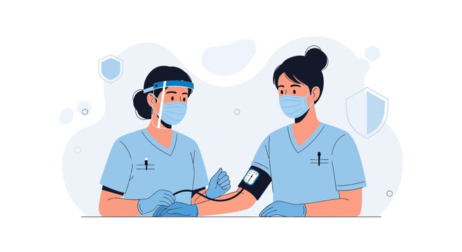 Medical Professionals Checking Blood Pressure, Healthcare Professionals in Uniform with Face Masks and Shields
