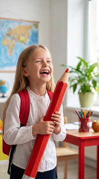 A joyful young student with a backpack laughs while holding a massive red pencil in a classroom setting with educational posters.