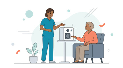Fototapeta premium Nurse assisting senior patient with smart medicine dispenser, healthcare technology concept