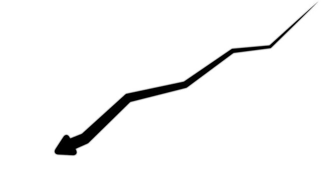 Black arrow pointing downwards on a white background showing a decline in data or a negative trend in a simple style for presentation