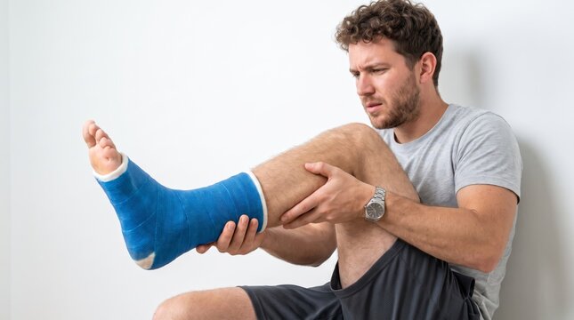 A sad young man sitting on the floor against a white wall looking in pain and frustration at his broken leg wrapped in a blue orthopedic plaster cast after an accidental bone fracture injury.