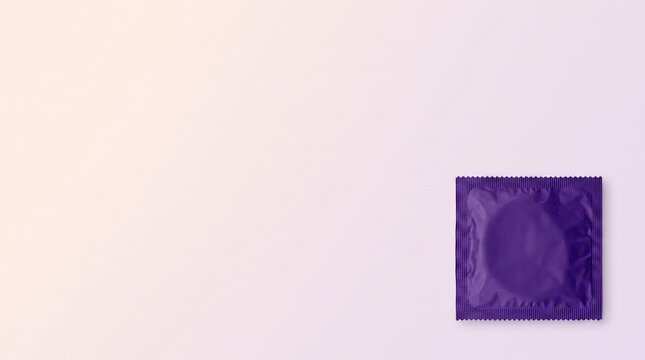 Single purple condom in a wrapper on pastel background