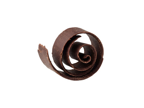 Single dark chocolate curl shaving for dessert decoration isolated on transparent background