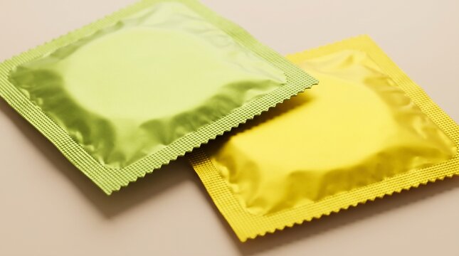 Two colorful condom foil wrappers on a neutral background