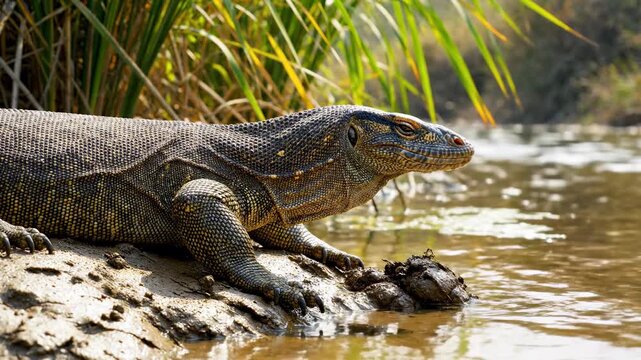 A mature Asian water monitor lizard rests on the muddy bank of a tropical river near lush green reeds while searching for food in its natural environment during a bright and sunny afternoon hour
