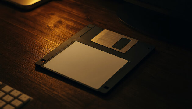 Vintage floppy disk on a wooden desk. Retro data storage media for computer technology.