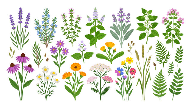 Collection of Botanical Herbs and Flowers, Aromatic Plants Illustration