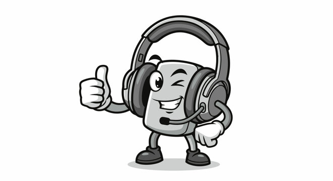 Cartoon Headset Character Giving Thumbs Up.