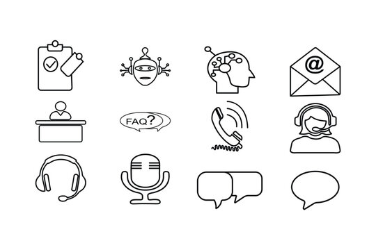Collection of twelve minimalist communication line icons including chat bubbles, phone, megaphone, and email for modern business web design.