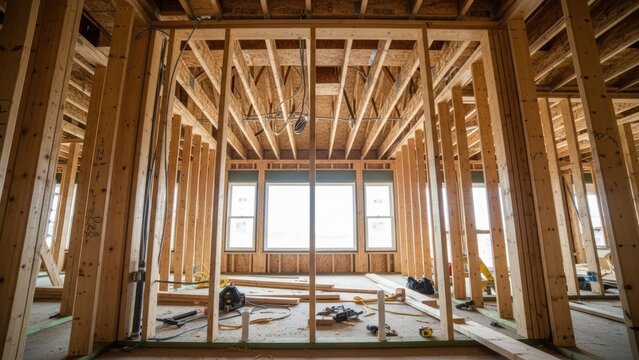 Interior view of residential wood frame house under construction.