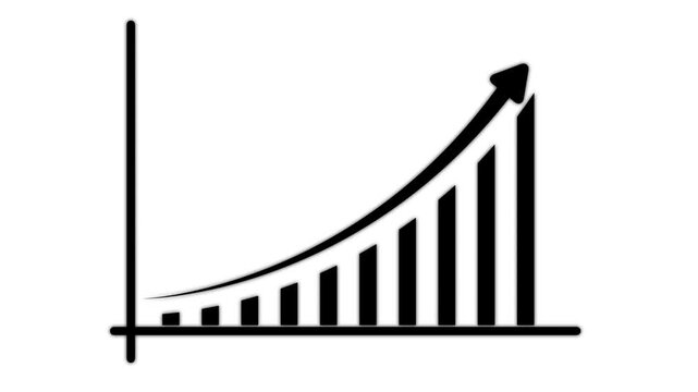 Black bar chart with axis lines and an upward trending arrow on a white background representing financial growth and statistics