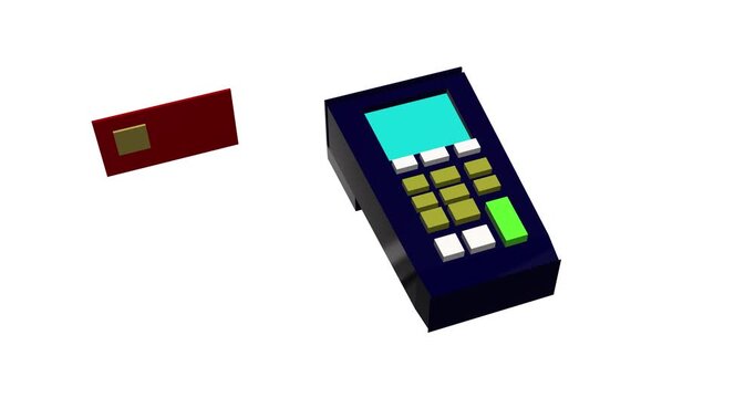 Low poly 3D animation of a credit card being inserted into a blue payment terminal on a white background showing a successful transaction.