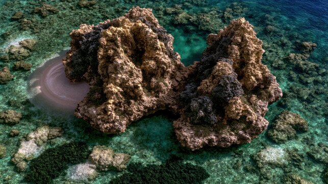 Overhead view of dark rock formations in tropical lagoon.