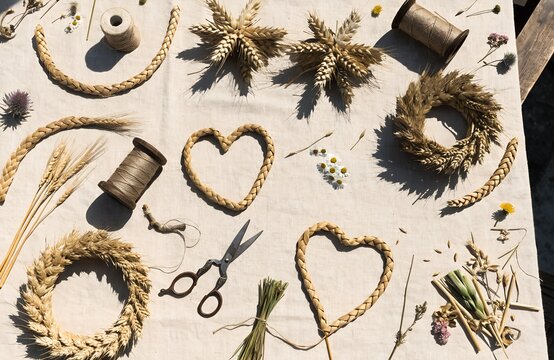 Lammas Day tabletop craft materials braided straw wheat stalks circles hearts stars twine scissors flowers bundles arrangement symbolizing harvest tradition balance and creativity generated ai