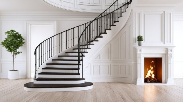 Elegant white room with curved stairs and fireplace.