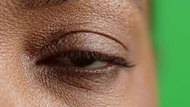 Macro closeup of dark brown eye opening on green screen background. High fidelity footage of human eye iris and skin texture, perfect for beauty, wellness, and medical digital content projects.