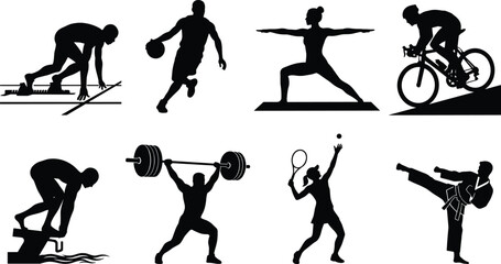 Sports and fitness athlete vector silhouettes set featuring running basketball yoga cycling swimming weightlifting tennis and karate action poses © Robiul