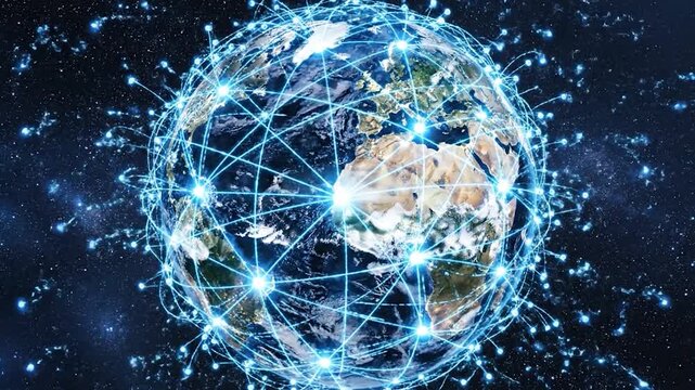Global network connections glowing over planet earth at night