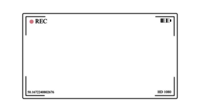 Digital camera recording viewfinder overlay with white background featuring a red recording dot and battery indicator for production