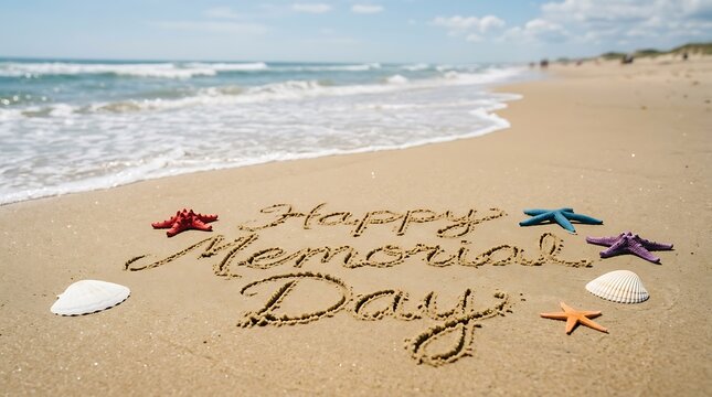 Happy memorial day written in sand on a tropical beach