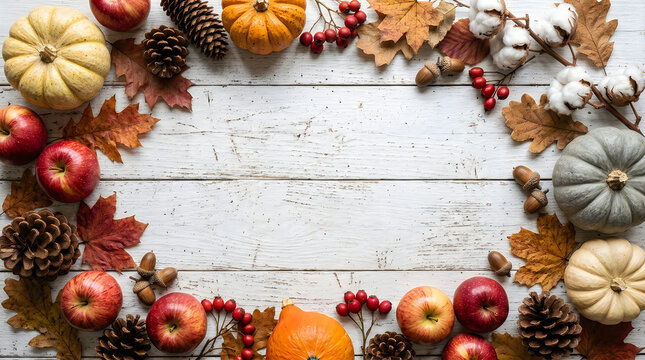 Autumn floral and fruit garland decoration on rustic wooden shelf background