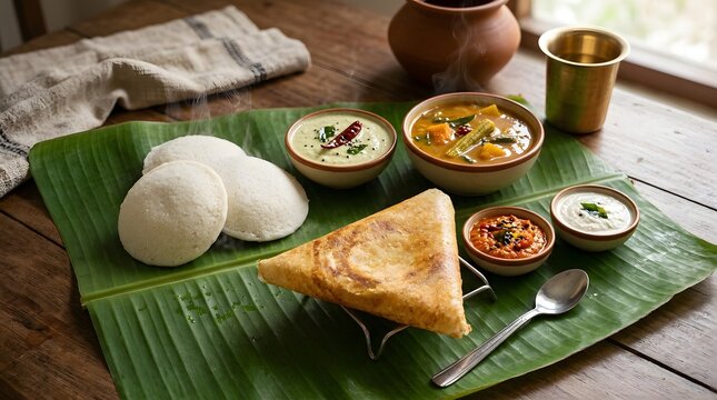 Traditional South Indian breakfast with idli, dosa, and sambar