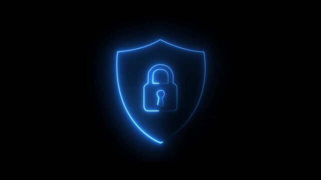 Glowing blue security shield with padlock icon over abstract digital circuit board background 