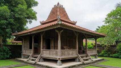 Fototapeta premium Traditional Balinese wooden pavilion in lush tropical garden.