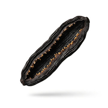 Dried Black Cardamom Pod Open with Seeds Floating and Isolated on White Background for Spice Design