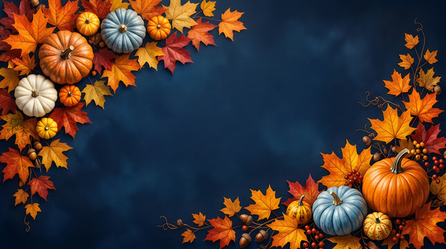 Autumn pumpkins and colorful leaves against dark background