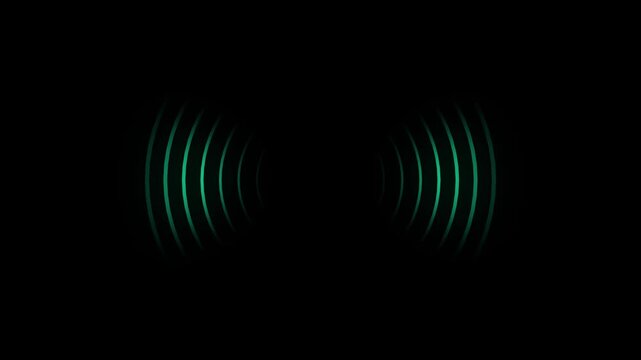 Vibrant green glowing curved wave lines radiating from the center on a black background representing a wireless signal or data transmission
