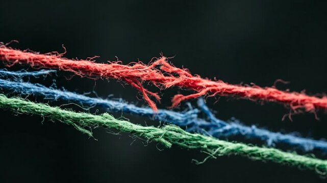 Macro of frayed red blue and green ropes.