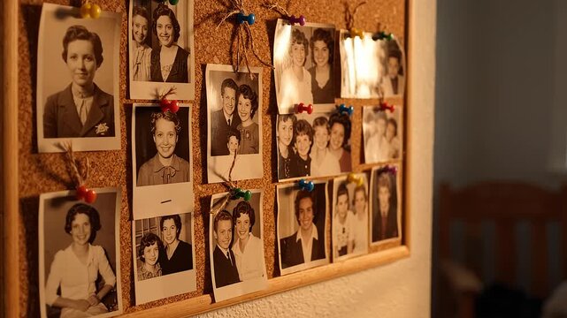 Vintage family photos displayed on a cork board wall. Nostalgic memory collage with retro black and white portrait pictures pinned to a wooden bulletin board in a cozy home interior setting.