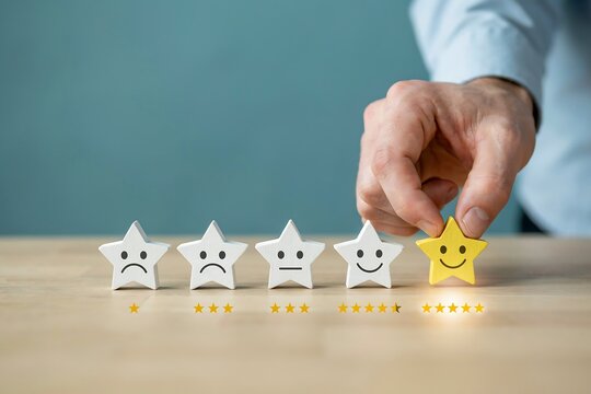 Hand choosing five star rating. Customer giving excellent feedback for service quality.