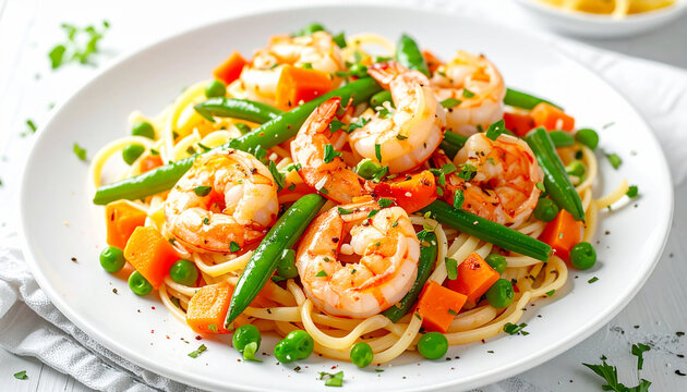 Shrimp scampi with beans, peas and carrots on linguini, white plate. AI