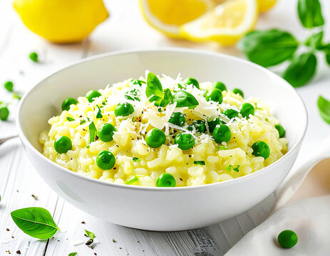 Lemon risotto with peas and parmesan cheese, white bowl. AI